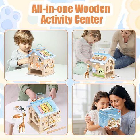 Wooden Activity Cube 8-in-1 Montessori Toys for 6 Months Old 1 2 3 Toddlers | Baby Activity Center Wood Cube Shape Sorter Educational Learning Boys Girls Birthday Gifts in Kuwait