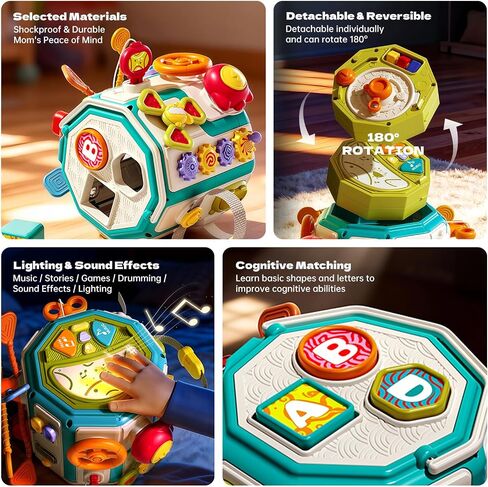 ZIYOSTAR 20-in-1 Busy Board Activity Cube, Educational Sensory Learning Toy for 1 2 3 Year Old Toddlers, Developmental Fine Motor Skills, Shape Sorter & Music Toys Gift for Boys Girls 1-3 Years Old in Kuwait