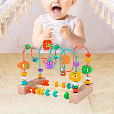 kowaku Bead Maze Toy Wooden Bead Maze Roller Coaster Puzzle Toy with Color Sorting and Grasping Practice Suitable for Preschool, Fruit in Kuwait