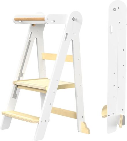 Grownsy Safety Upgrade Foldable Kitchen Helper Step Stool Toddler Tower | One-Click Lock, 3-Second Folding, 3 Adjustable Heights, Sturdy A-Frame Support, Easy Storage, Ages 15 Months to 6 Years in Kuwait