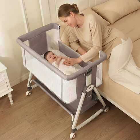 Baby Bassinet for Newborns, Large Storage Basket, Breathable Mesh & Mattress, Easy Move Bedside Crib for Newborns with Lockable Wheels, 6-Adjustable Height Beside Bassinet in Kuwait
