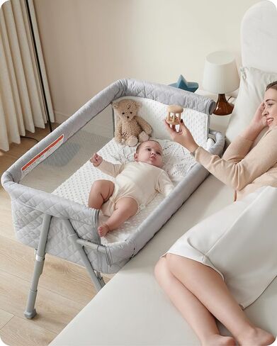 BEKA Bassinet Bedside Sleeper for Baby, 2 in 1 Baby Crib for Newborn, Bedside Bassinet with 4 Auto-Lock Wheels & Adjustable Height, Breathable Mesh Sides & Soft Mattress in Kuwait