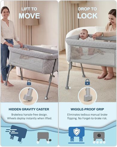 BEKA Bassinet Bedside Sleeper for Baby, 2 in 1 Baby Crib for Newborn, Bedside Bassinet with 4 Auto-Lock Wheels & Adjustable Height, Breathable Mesh Sides & Soft Mattress in Kuwait