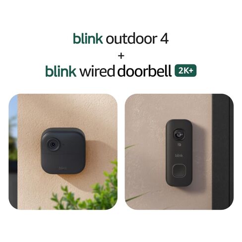 Blink Outdoor 4 and Wired Doorbell 2K+ (newest model) — Two-year battery 1080p cameras and 2K hardwired doorbell. Sync Module Core included — 3 Cameras + Doorbell (Black) in Kuwait