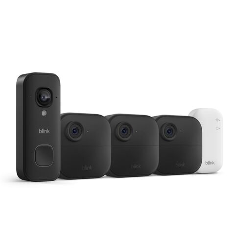 Blink Outdoor 4 and Wired Doorbell 2K+ (newest model) — Two-year battery 1080p cameras and 2K hardwired doorbell. Sync Module Core included — 3 Cameras + Doorbell (Black) in Kuwait