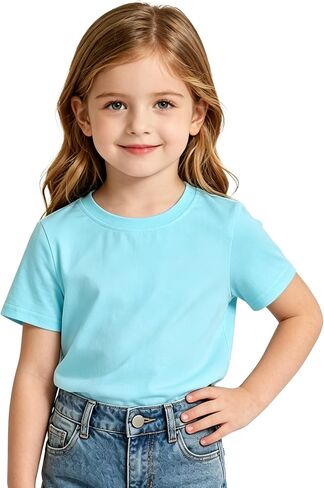 Toddler Baby Girls Cotton T- Shirts 2-5T Kids Casual Tops | 95% Cotton & 5% Spandex, Soft Solid Tee, Fashion Crewneck Short Sleeve, Basic Girls Summer Clothes in Kuwait