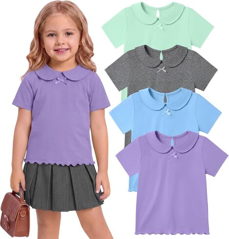4 Pack Toddler Girls' Collar School Uniform Shirts Short Sleeve Bow Tops Lettuce Trim Color Tshirts Baby Kids Tees in Kuwait
