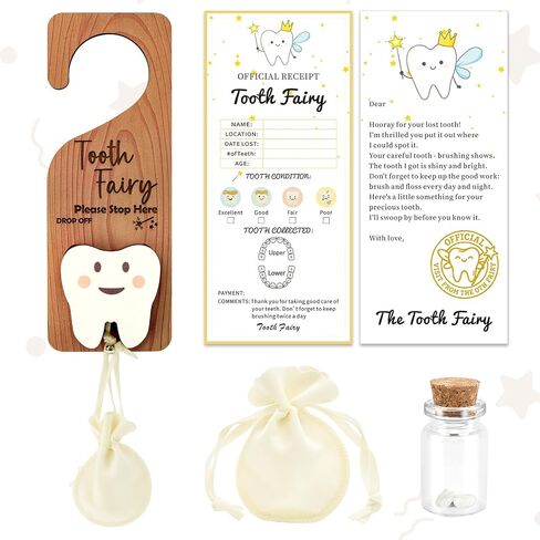 WALLFID 3Piece Tooth Fairy Set,10 Official Certificates,Tooth Holder,Transparent Keepsake Bottle,Velvet Gift Bag and Door Hanger for Storing Lost Teeth and Gifts,Ideal Present for Boys and Girls in Kuwait