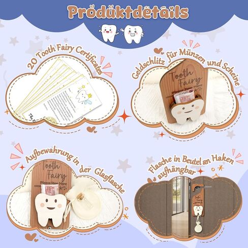 WALLFID 3Piece Tooth Fairy Set,10 Official Certificates,Tooth Holder,Transparent Keepsake Bottle,Velvet Gift Bag and Door Hanger for Storing Lost Teeth and Gifts,Ideal Present for Boys and Girls in Kuwait