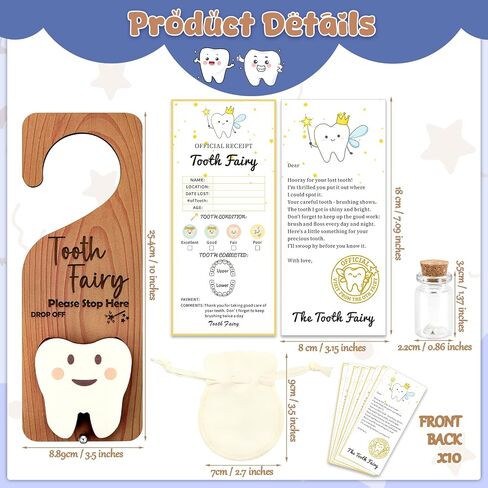 WALLFID 3Piece Tooth Fairy Set,10 Official Certificates,Tooth Holder,Transparent Keepsake Bottle,Velvet Gift Bag and Door Hanger for Storing Lost Teeth and Gifts,Ideal Present for Boys and Girls in Kuwait