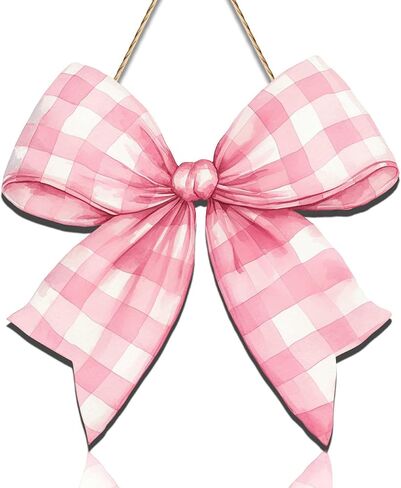Pink Bow Door Hanger - Wooden Welcome Sign for Front Door, Coquette Wall Hanging Decor for Girls Room, Bridal Shower Wedding Baby Shower Decorations, Pastel Pink Bowknot Wall Art for Dorm Cafe Porch in Kuwait