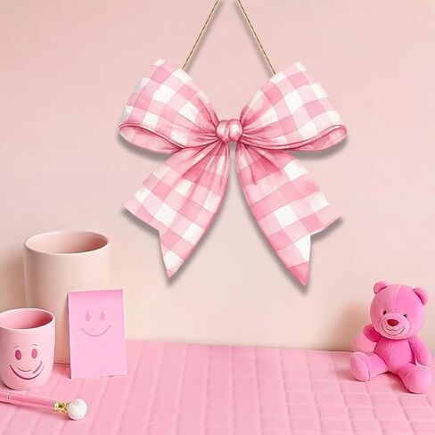 Pink Bow Door Hanger - Wooden Welcome Sign for Front Door, Coquette Wall Hanging Decor for Girls Room, Bridal Shower Wedding Baby Shower Decorations, Pastel Pink Bowknot Wall Art for Dorm Cafe Porch in Kuwait