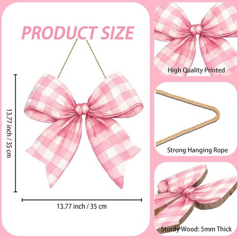 Pink Bow Door Hanger - Wooden Welcome Sign for Front Door, Coquette Wall Hanging Decor for Girls Room, Bridal Shower Wedding Baby Shower Decorations, Pastel Pink Bowknot Wall Art for Dorm Cafe Porch in Kuwait