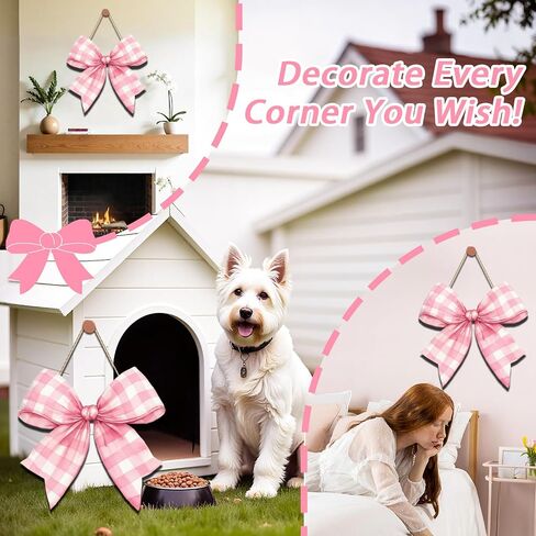 Pink Bow Door Hanger - Wooden Welcome Sign for Front Door, Coquette Wall Hanging Decor for Girls Room, Bridal Shower Wedding Baby Shower Decorations, Pastel Pink Bowknot Wall Art for Dorm Cafe Porch in Kuwait