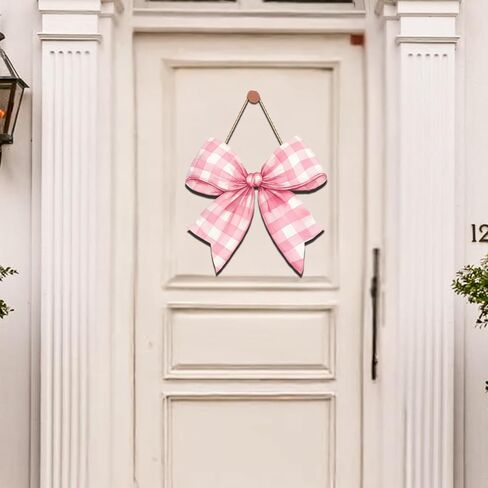 Pink Bow Door Hanger - Wooden Welcome Sign for Front Door, Coquette Wall Hanging Decor for Girls Room, Bridal Shower Wedding Baby Shower Decorations, Pastel Pink Bowknot Wall Art for Dorm Cafe Porch in Kuwait
