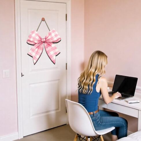 Pink Bow Door Hanger - Wooden Welcome Sign for Front Door, Coquette Wall Hanging Decor for Girls Room, Bridal Shower Wedding Baby Shower Decorations, Pastel Pink Bowknot Wall Art for Dorm Cafe Porch in Kuwait