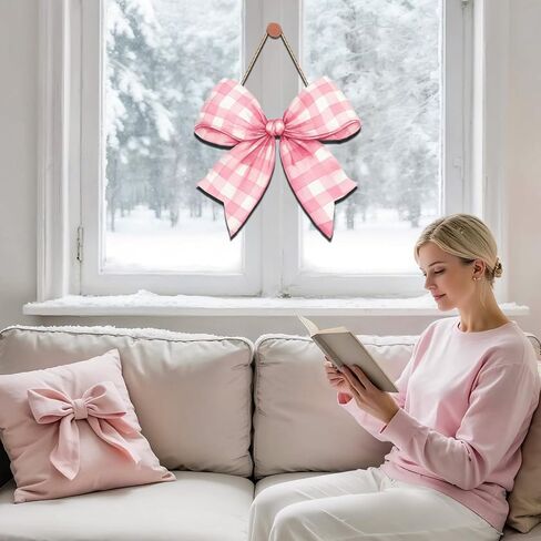 Pink Bow Door Hanger - Wooden Welcome Sign for Front Door, Coquette Wall Hanging Decor for Girls Room, Bridal Shower Wedding Baby Shower Decorations, Pastel Pink Bowknot Wall Art for Dorm Cafe Porch in Kuwait
