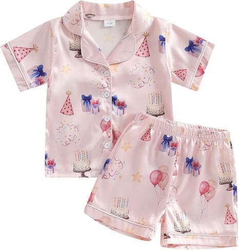 Babieshouse Girls 2Pcs Birthday Pajamas Short Sleeve Ruffle Hem Button Shirt + Shorts Set Toddler Loungewear in Kuwait
