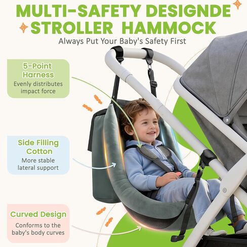 Stroller Hammock Seat for Toddler, 5-Point Harness, Detachable Stroller Seat Attachment, Folds be a Storage Bag, Curved Hammock-Style Seat Accessories, for 3-5 Years Old, Up to 45 lbs in Kuwait