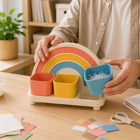 Juju Rainbow Sort Bin - Three Compartment Cleanup Sorter with Removable Color Cups and Arched Frame in Kuwait