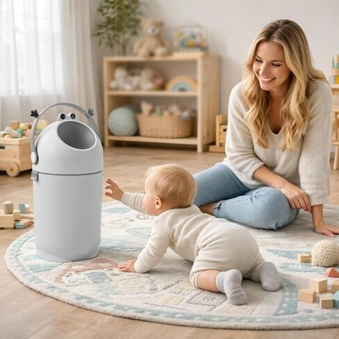 15L Diaper Pail with Odor-Sealing Lid, Tall Nursery Garbage Can for Baby Waste, Cute Round Trash Bin with Child-Proof Handle, Odor-Blocking Container for Bathroom Grey in Kuwait