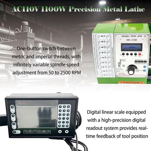 SM-210E Precision Benchtop Metal Lathe 8.27 x 15.75 in | 1100W 110V, Variable Speed 50-2500rpm, Metric/Imperial Threading, Auto Feed & Electronic Gear Change for DIY Hobby Workshop in Kuwait
