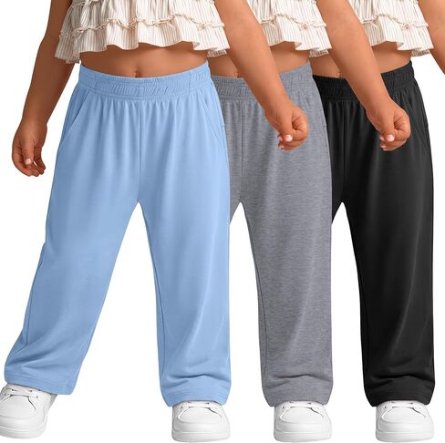 3 Pack Toddler Girls' Wide Leg Pants Baby Elastic Waist Sweatpants Casual Pants with Pockets 18M-5T in Kuwait