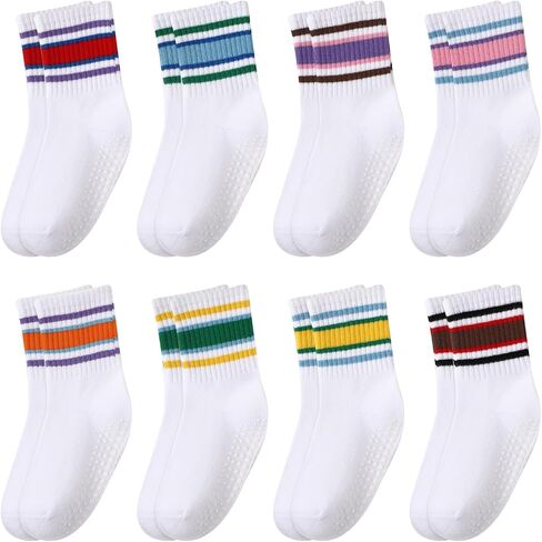 Toddler Grippy Socks Unisex Baby Cotton Crew Socks for Girls Boys | Non Slip Toddler Crew Cuff,Retro Stripes,Soft Breathable Cotton,Seamless Comfort,Grip Dot,Casual Floor Use,Boys Girls Age 1-5 in Kuwait