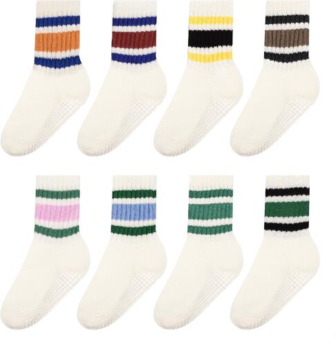 Toddler Grippy Socks Unisex Baby Cotton Crew Socks for Girls Boys | Non Slip Toddler Crew Cuff,Retro Stripes,Soft Breathable Cotton,Seamless Comfort,Grip Dot,Casual Floor Use,Boys Girls Age 1-5 in Kuwait