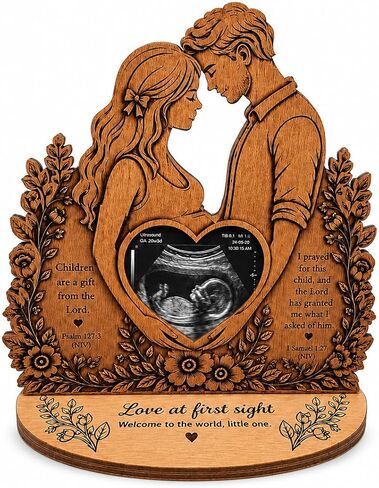 Christian Sonogram Picture Frame, Wooden Pregnancy Keepsake Gift | Double-layer wooden sonogram frame with heart photo display and tabletop base, a meaningful gift for expecting parents. in Kuwait