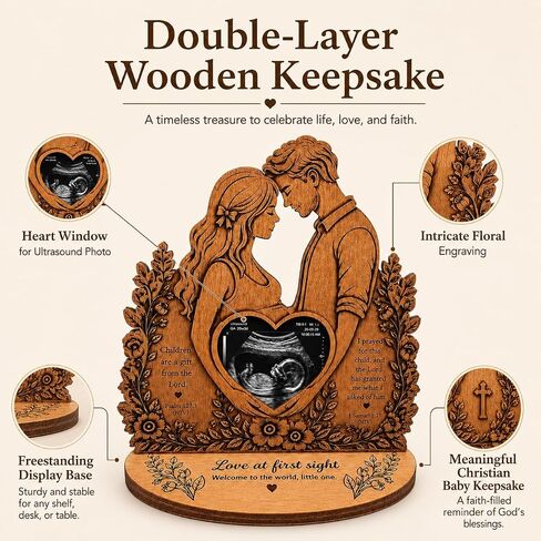 Christian Sonogram Picture Frame, Wooden Pregnancy Keepsake Gift | Double-layer wooden sonogram frame with heart photo display and tabletop base, a meaningful gift for expecting parents. in Kuwait