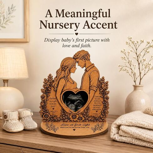 Christian Sonogram Picture Frame, Wooden Pregnancy Keepsake Gift | Double-layer wooden sonogram frame with heart photo display and tabletop base, a meaningful gift for expecting parents. in Kuwait