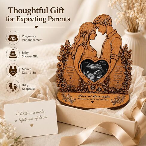 Christian Sonogram Picture Frame, Wooden Pregnancy Keepsake Gift | Double-layer wooden sonogram frame with heart photo display and tabletop base, a meaningful gift for expecting parents. in Kuwait