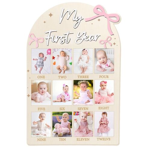 23.6x15.3 Inch Pink Bow My First Year Photo Board Birthday Party Wooden Board Decoration 12 Monthly Milestone Picture Frame One Year Old Sign 1st Banner for Baby Girl Keepsake Gift (Fit 4x3in Pic) in Kuwait