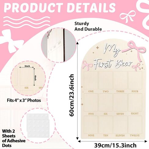 23.6x15.3 Inch Pink Bow My First Year Photo Board Birthday Party Wooden Board Decoration 12 Monthly Milestone Picture Frame One Year Old Sign 1st Banner for Baby Girl Keepsake Gift (Fit 4x3in Pic) in Kuwait