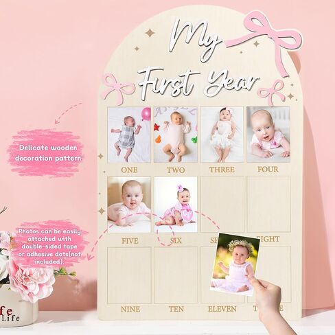 23.6x15.3 Inch Pink Bow My First Year Photo Board Birthday Party Wooden Board Decoration 12 Monthly Milestone Picture Frame One Year Old Sign 1st Banner for Baby Girl Keepsake Gift (Fit 4x3in Pic) in Kuwait