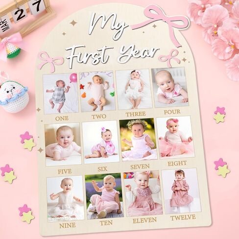 23.6x15.3 Inch Pink Bow My First Year Photo Board Birthday Party Wooden Board Decoration 12 Monthly Milestone Picture Frame One Year Old Sign 1st Banner for Baby Girl Keepsake Gift (Fit 4x3in Pic) in Kuwait