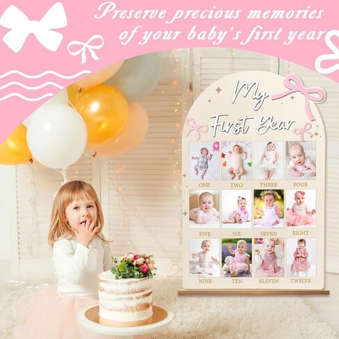 23.6x15.3 Inch Pink Bow My First Year Photo Board Birthday Party Wooden Board Decoration 12 Monthly Milestone Picture Frame One Year Old Sign 1st Banner for Baby Girl Keepsake Gift (Fit 4x3in Pic) in Kuwait