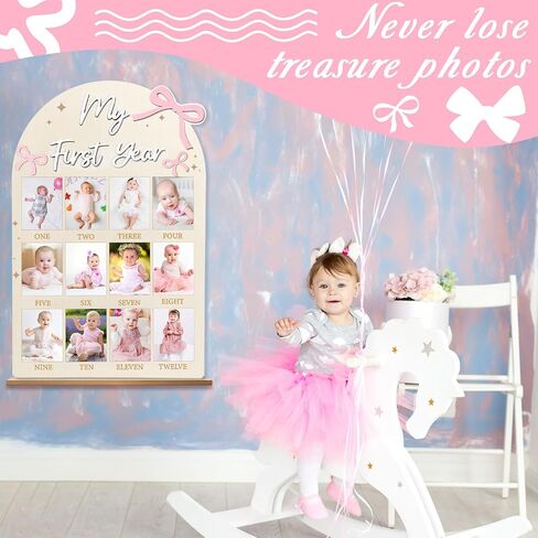 23.6x15.3 Inch Pink Bow My First Year Photo Board Birthday Party Wooden Board Decoration 12 Monthly Milestone Picture Frame One Year Old Sign 1st Banner for Baby Girl Keepsake Gift (Fit 4x3in Pic) in Kuwait