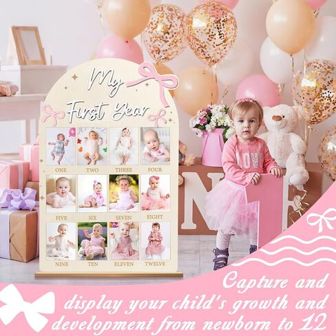 23.6x15.3 Inch Pink Bow My First Year Photo Board Birthday Party Wooden Board Decoration 12 Monthly Milestone Picture Frame One Year Old Sign 1st Banner for Baby Girl Keepsake Gift (Fit 4x3in Pic) in Kuwait
