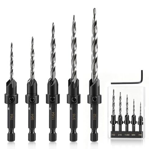 Countersink Drill Bit Set, 5PCS HSS Tapered Drill Bits for Woodworking | Adjustable 1/4" Hex Shank Quik Change Tapered Couter Sink Drill Bit for Wood Spare Bits (#4#6#8#10#12) in Kuwait