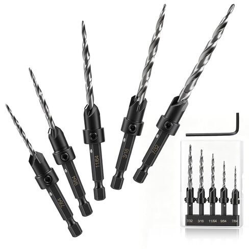Countersink Drill Bit Set, 5PCS HSS Tapered Drill Bits for Woodworking | Adjustable 1/4" Hex Shank Quik Change Tapered Couter Sink Drill Bit for Wood Spare Bits (#4#6#8#10#12) in Kuwait