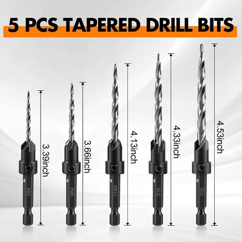 Countersink Drill Bit Set, 5PCS HSS Tapered Drill Bits for Woodworking | Adjustable 1/4" Hex Shank Quik Change Tapered Couter Sink Drill Bit for Wood Spare Bits (#4#6#8#10#12) in Kuwait