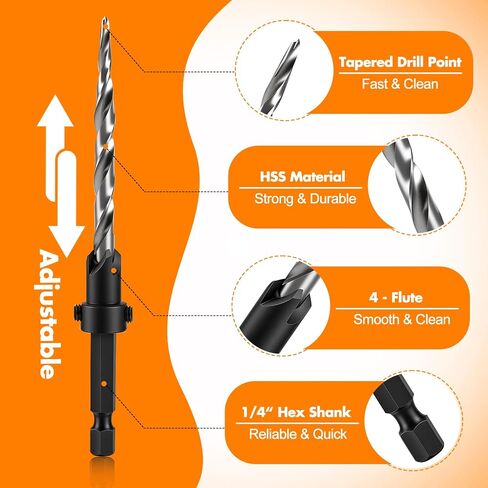 Countersink Drill Bit Set, 5PCS HSS Tapered Drill Bits for Woodworking | Adjustable 1/4" Hex Shank Quik Change Tapered Couter Sink Drill Bit for Wood Spare Bits (#4#6#8#10#12) in Kuwait