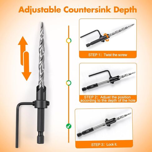 Countersink Drill Bit Set, 5PCS HSS Tapered Drill Bits for Woodworking | Adjustable 1/4" Hex Shank Quik Change Tapered Couter Sink Drill Bit for Wood Spare Bits (#4#6#8#10#12) in Kuwait