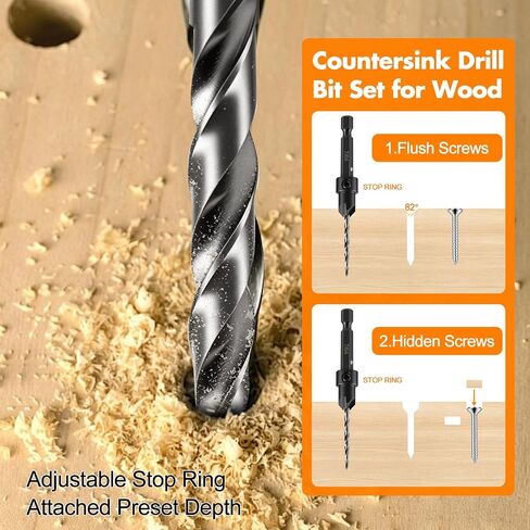 Countersink Drill Bit Set, 5PCS HSS Tapered Drill Bits for Woodworking | Adjustable 1/4" Hex Shank Quik Change Tapered Couter Sink Drill Bit for Wood Spare Bits (#4#6#8#10#12) in Kuwait
