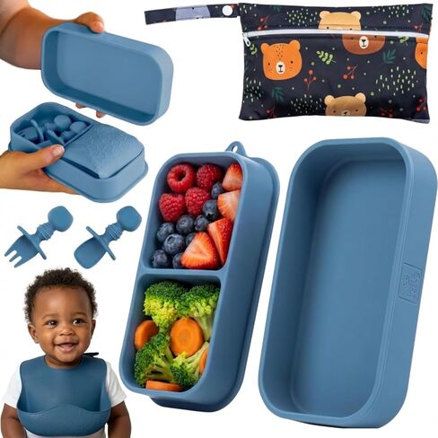 Baby Travel Essentials 6 Pc Silicone Feeding Set - Portable Toddler Plates with Suction, Baby Spoons & Foldable Bib in Carrying Case - BPA-Free Infant & Toddler Utensils for Airplanes & Eating Out in Kuwait