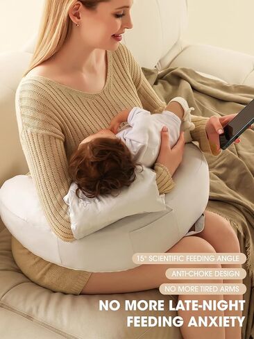 Nursing Pillow for Breastfeeding and Bottle Feeding - Wider Feeding Pillow for Mom - Firm Ergonomic Shape - Adjustable Waist Strap - Removable Washable Cover - Adult-Assisted Feeding Only in Kuwait