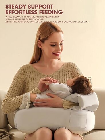 Nursing Pillow for Breastfeeding and Bottle Feeding - Wider Feeding Pillow for Mom - Firm Ergonomic Shape - Adjustable Waist Strap - Removable Washable Cover - Adult-Assisted Feeding Only in Kuwait