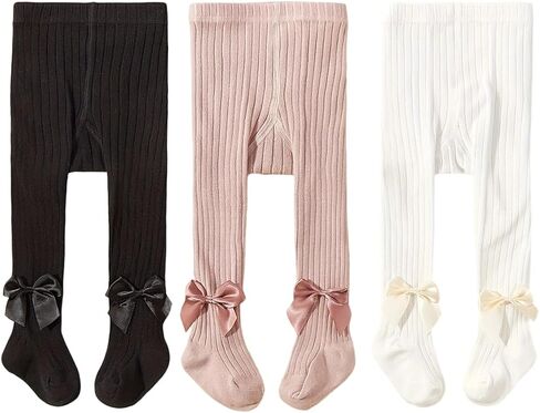 3 Pack Baby Girls Pink Bow Decor Footed Tights, Non-Slip Soft Stretchy Warm Tights for Infant Toddler Ages 6-12 Months in Kuwait